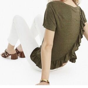 J. Crew | Olive Green Ruffle Hem Linen Short Sleeve Tee Size Small